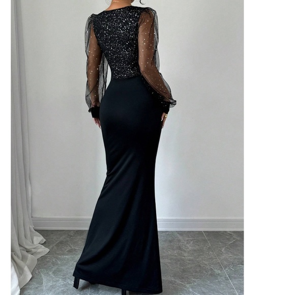 Luxe Black Sequin V neck Semi Sheer Long Sleeve Party Evening Gown Dress - Picture 5 of 5